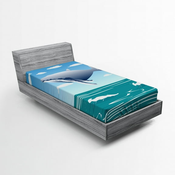 Ambesonne Landscape Fitted Sheet, Cartoon Ocean Whale, Twin Size, Blue
