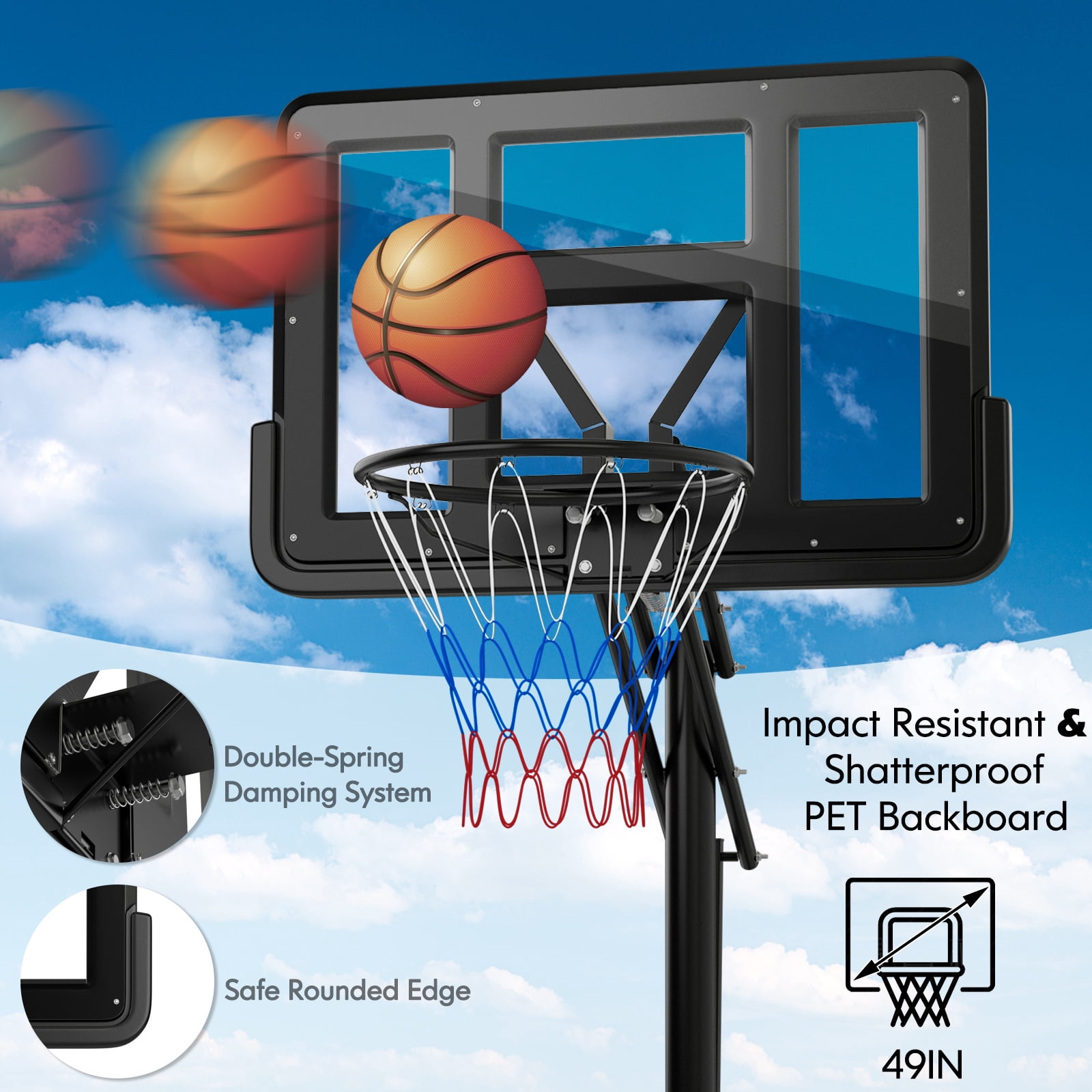 Topbuy Portable Basketball Hoop 8-10FT Height Adjustable Basketball Hoop System w/ 44" Backboard Fillable Base
