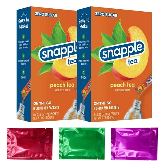 Snapple Tea Peach Tea Flavor On the Go Powdered Drink Mix Zero Sugar Fruity Mix Packets Easy to Prepare for Home Picnic Office Outdoor Beverages 6 Sticks Pack of 2 w/ Bonus Snoep in Beperkte Oplage