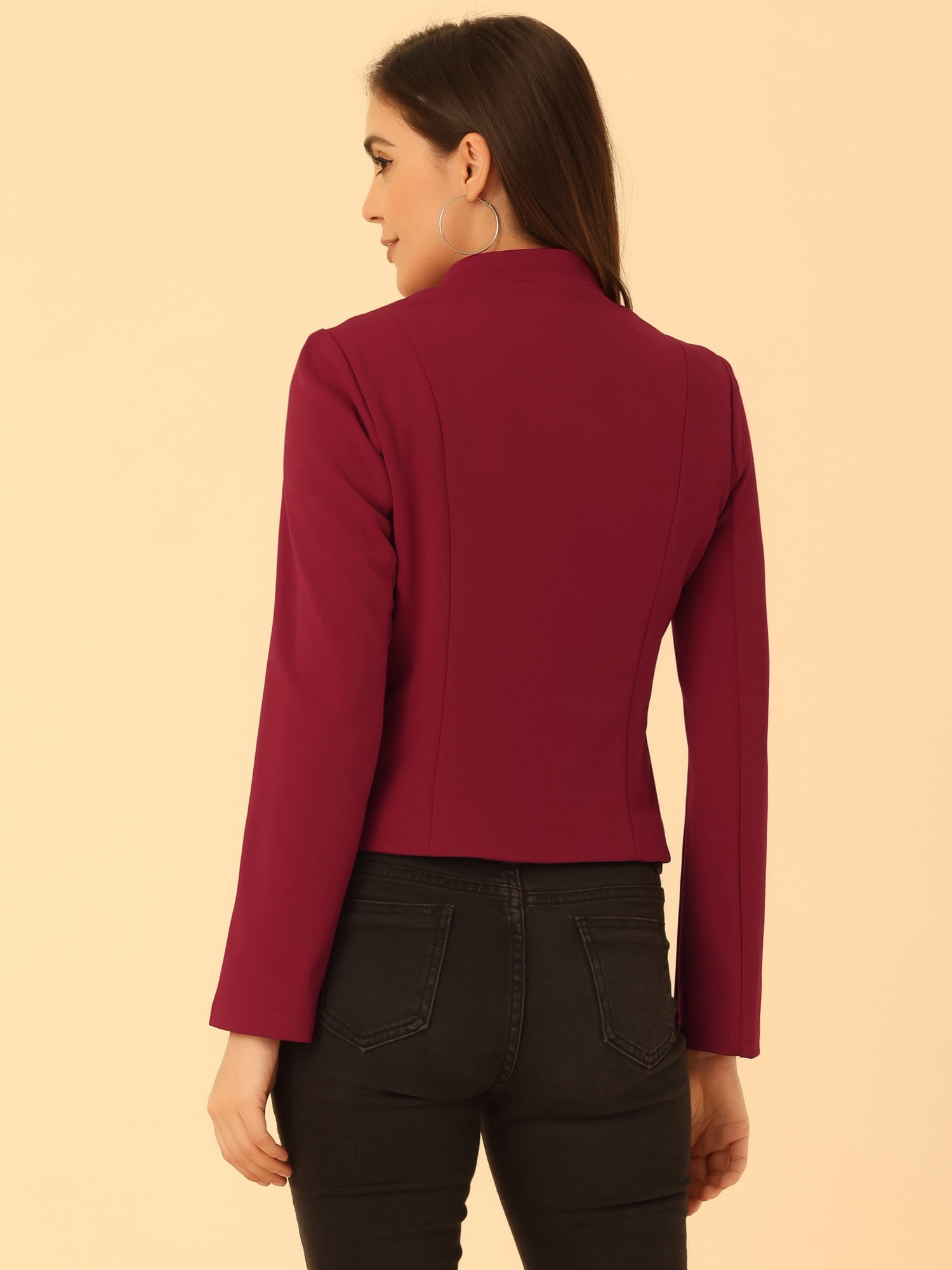 Unique Bargains Women's Stand Collar Button Decor Zip Up Blazer Jacket M Wine Red