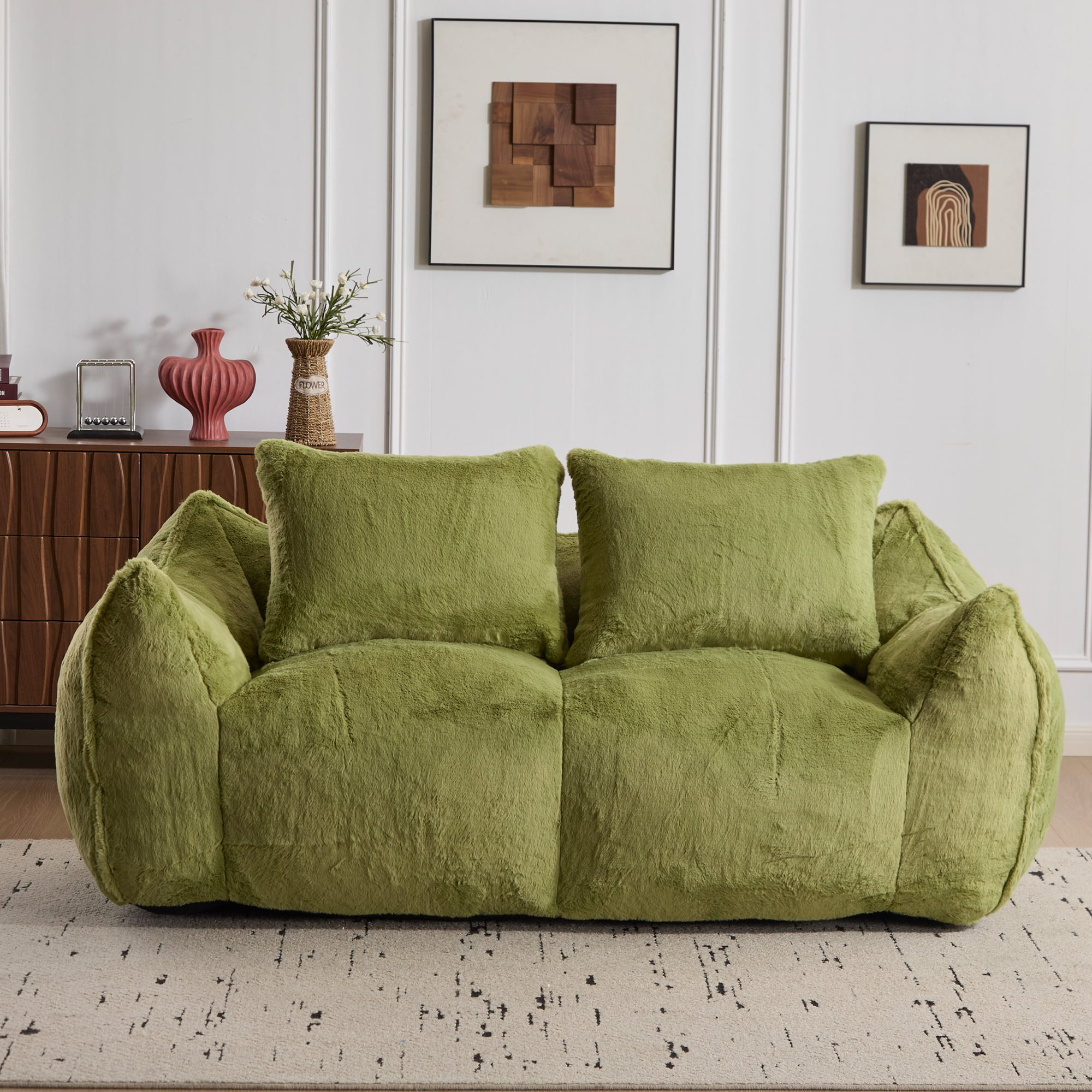 FFH Bean Bag Chair for Adults, 75" Oversized Loveseat Bean Bag Sofa with 2 Pillows, Lazy Sofa Reading Chaise Lounge Couch for Living Room, Bedroom, Green