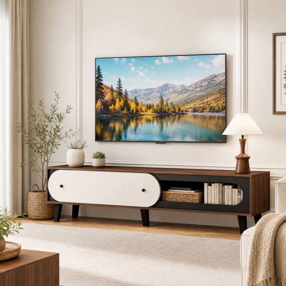 Mid Century Modern TV Stand for TVs up 80",Entertainment Center Media Console with Sliding Door Cabinet for Living Room ,Walnut