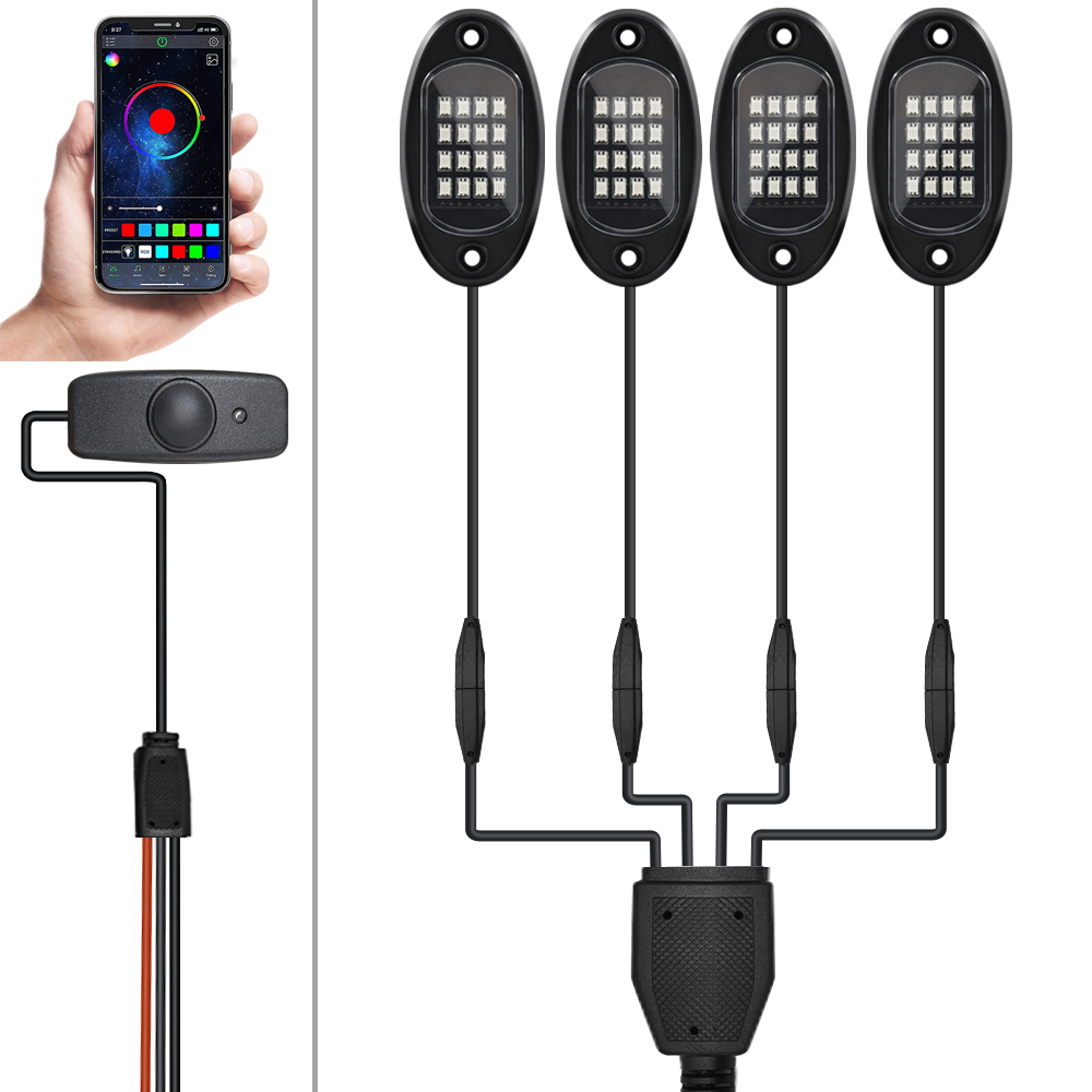 Homemart Rock Lights 4 Pods Remote RGB LED Undercarriage Neon Light Kit