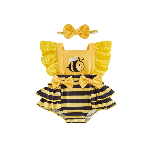 BemeyourBBs Newborn Baby Girl Bee Outfits Infant Baby Girls Summer Clothes Bubble Romper 0 3 6 12 18 Months Square Neck Flying Sleeve Bodysuit with Bow Headband 2 Pcs Set