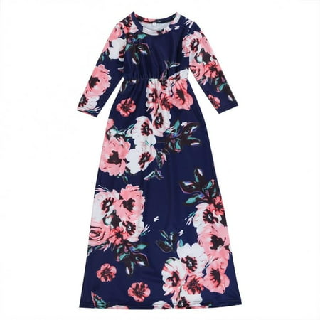 Bustier Floor Length Dress - Mommy and Me Flower Print Maxi Dress Round Neck Long Sleeve High Waist Floor Length Long Dress Autumn Outfits