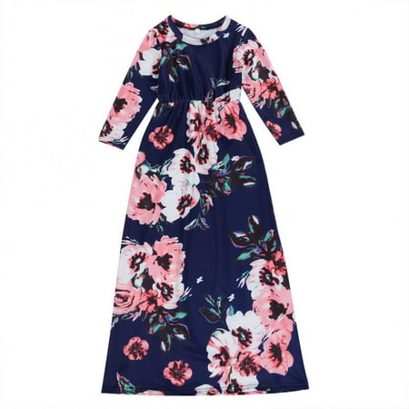 Mommy and Me Flower Print Maxi Dress Round Neck Long Sleeve High Waist Floor Length Long Dress Autumn
