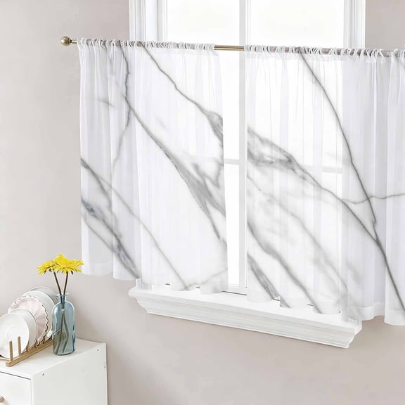 Marble White Semi Sheer Curtains 54 Inch Length 2 Panels Set, Ombre Grey Modern Minimalist Sheer Kitchen Curtain Privacy Voile Window Curtain for Living Room Bedroom Rod Pocket Drapes