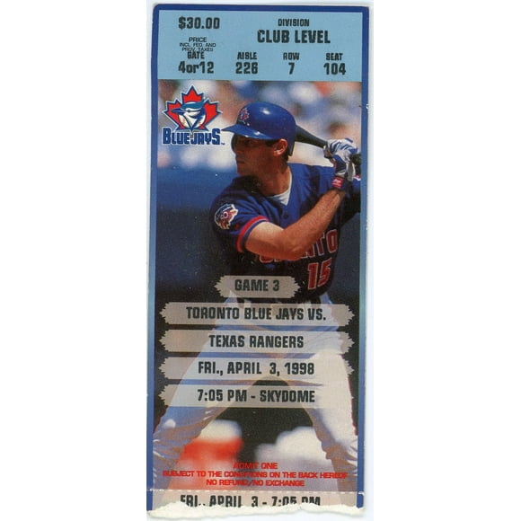 Blue Jays Vs. Texas Rangers Vintage Ticket Stub Skydome (Toronto, 1998)