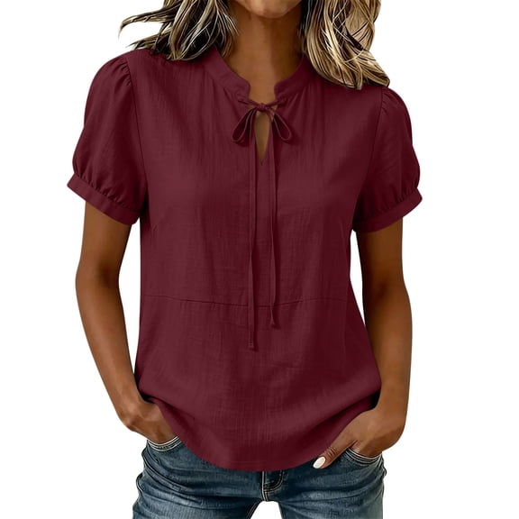 DeHolifer Women's Summer Tops V-Neck Solid Color Casual Lightweight Short Sleeve Tee T-Shirts Wine M