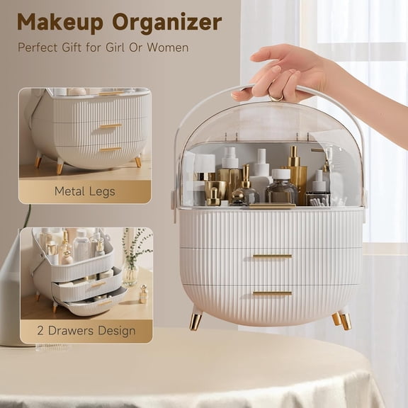 Make up Organizers and Storage for Vanity, Cosmetics Skincare Organizers with Lid and Drawers, Cosmetic Display Cases for Countertop, Bathroom, Dresser, Ideal Gifts for Women(White)