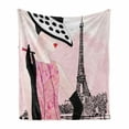 thumbnail image 1 of Teen Room Soft Flannel Fleece Throw Blanket, Woman with Hat Smoking in Front of Eiffel Tower in Shabby Pink Design, Cozy Plush for Indoor and Outdoor Use, 70" x 90", Pale Pink and Black, by Ambesonne, 1 of 6