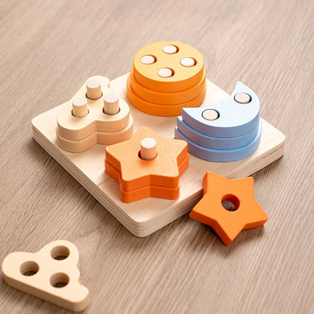 Puntoco Juguetes de madera para educación temprana con formas geométricas, conjuntos de columnas para mejorar la cognición, cinco juegos de bloques de columnas, juguetes de rompecabezas de combina