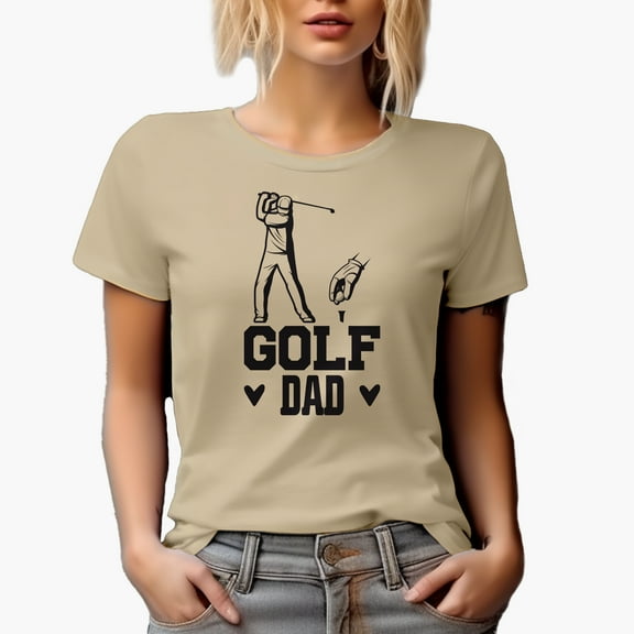 Golf Dad with a Hand Picking a Ball & a Swinging Golf Player, Golfing or Golfer Themed Merch Gift, Tan T-Shirt, S