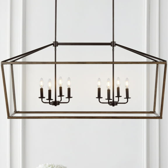 JONATHAN Y Oria 46" 8-Light Iron Farmhouse Industrial Lantern LED Pendant, Oil Rubbed Bronze/Faux Wood