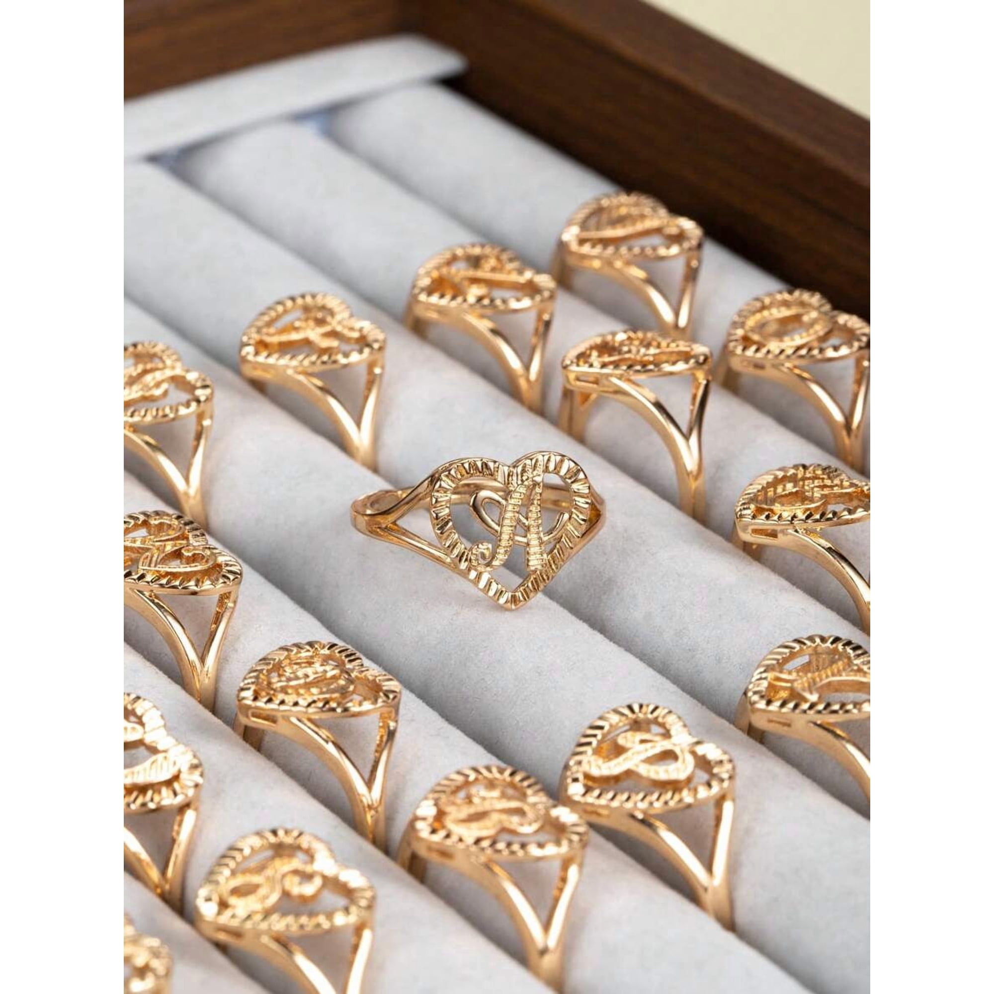 Yellow Gold Heart-Shaped Adjustable Ring With Personalized Letter Design, Cubic Zirconia Accent, For Daily Wear And Gifting