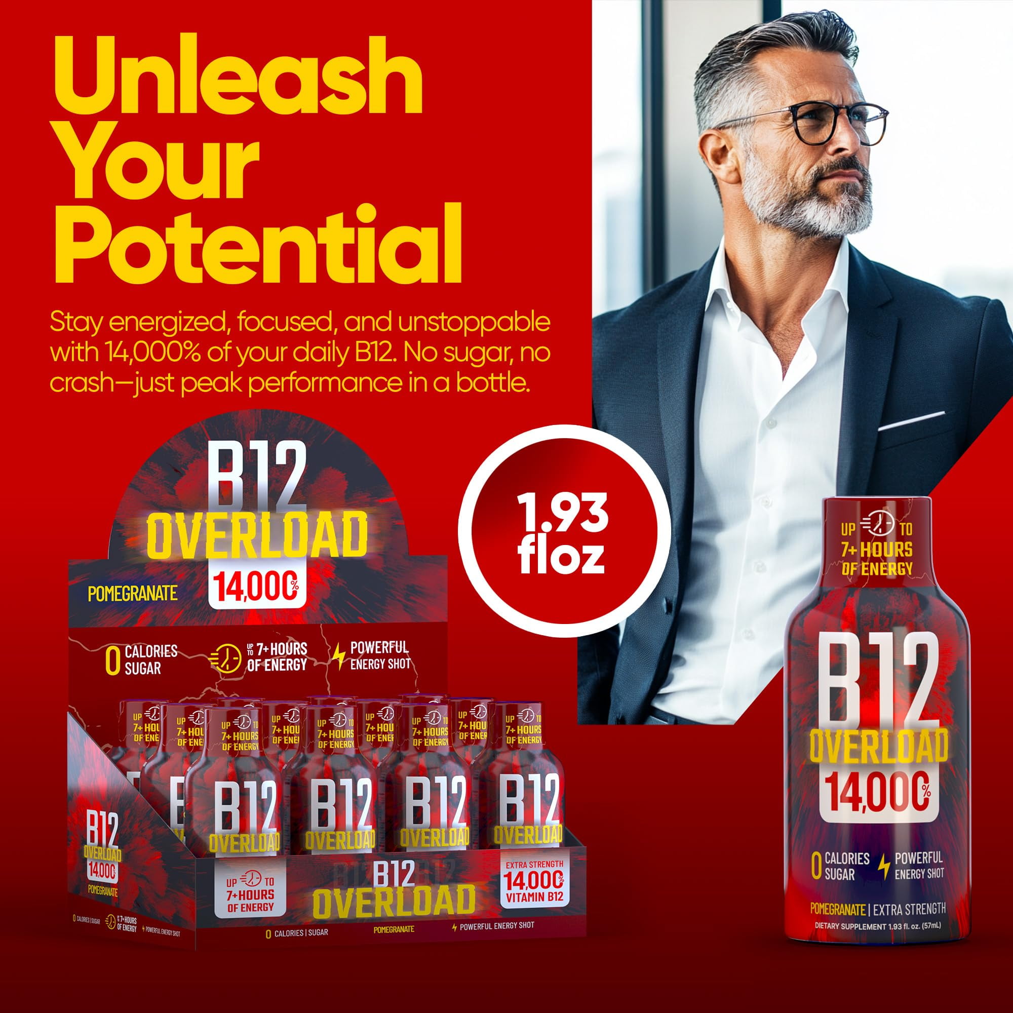 Vitamin Energy B12 Overload Extra Strength Shot, Pomegranate, 48 Pack – 260mg Natural Caffeine, 14,000% DV B12 & Electrolytes, Zero Sugar, 1.93 fl oz