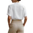 thumbnail image 4 of Linen Shirts for Women Short Sleeve Band Collar V Neck Button Up Summer Blouses Business Casual Office Work Shirts, 4 of 9