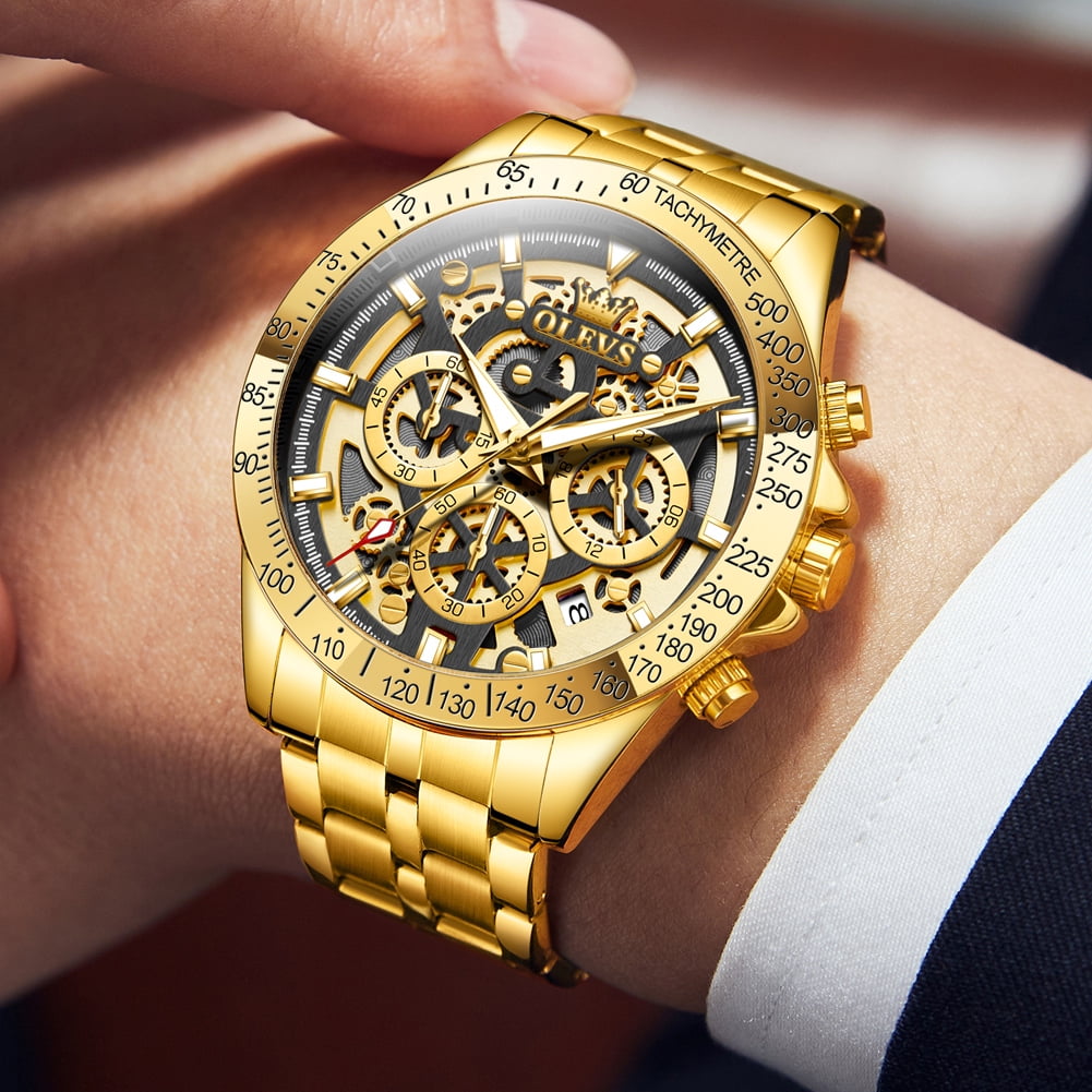 OLEVS Watches for Men Waterproof Luxury Dress Analog Quartz Chronograph Fashion Gold Plated Stainless Steel Luminous Date Classic Mens Wrist Watches Reloj Para Hombre Gold/White/Black Dial