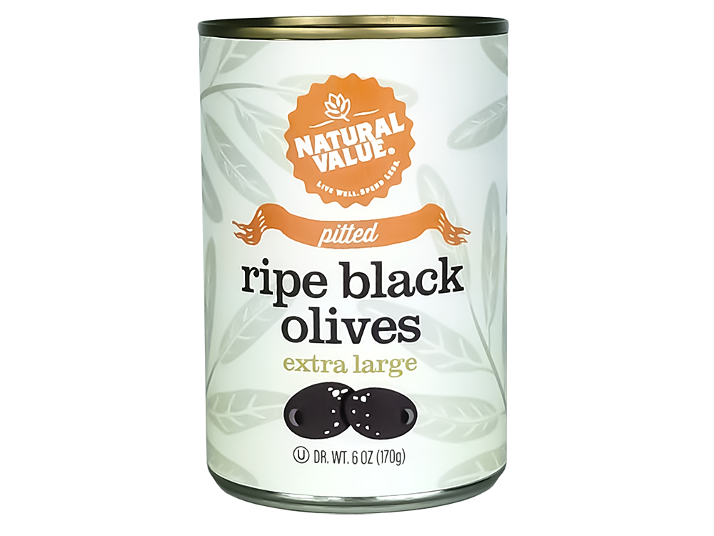 Natural Value 6 oz. EXTRA LARGE Pitted Black Olives / 12ct. case