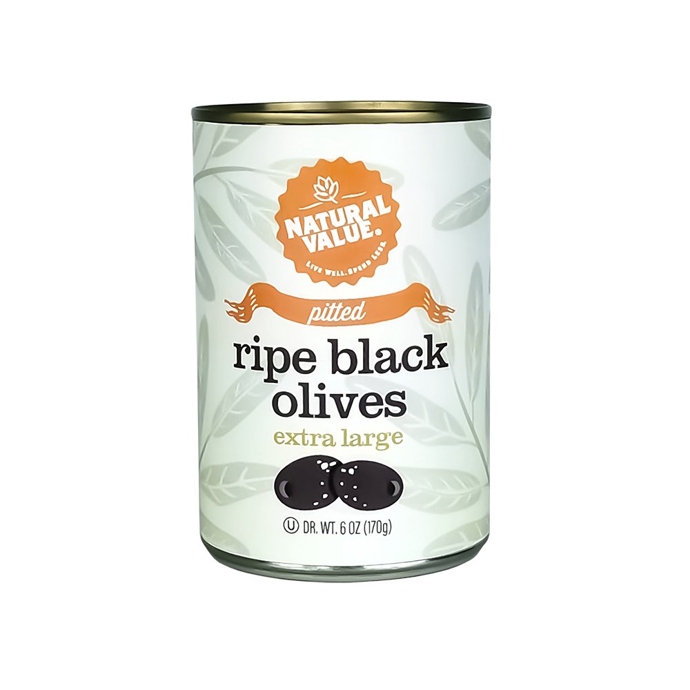 Natural Value 6 oz. EXTRA LARGE Pitted Black Olives / 12ct. case
