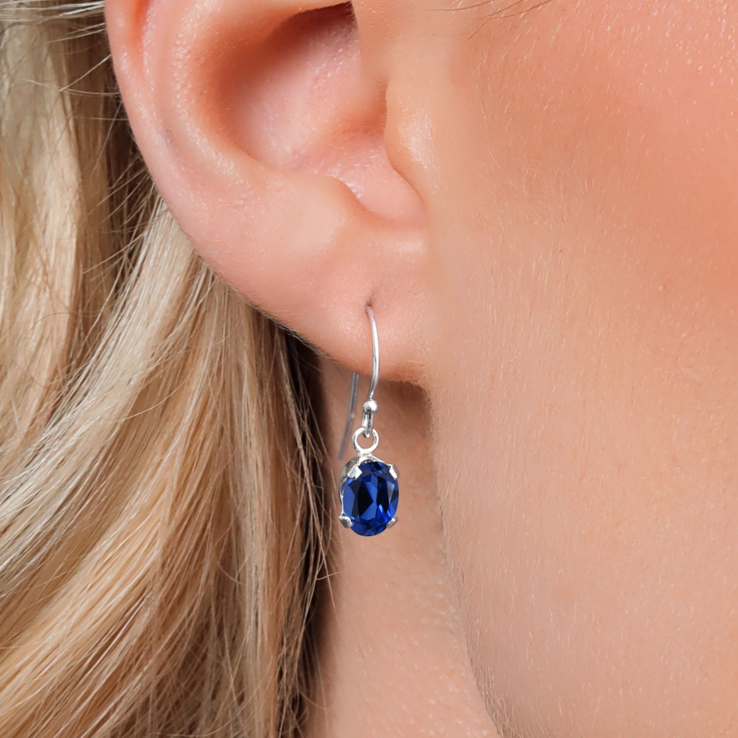Gem Stone King 1.80 Cttw Blue Created Sapphire French Wire Dangle Hook Earrings for Women | 925 Sterling Silver | Gemstone September Birthstone | Oval 7X5MM