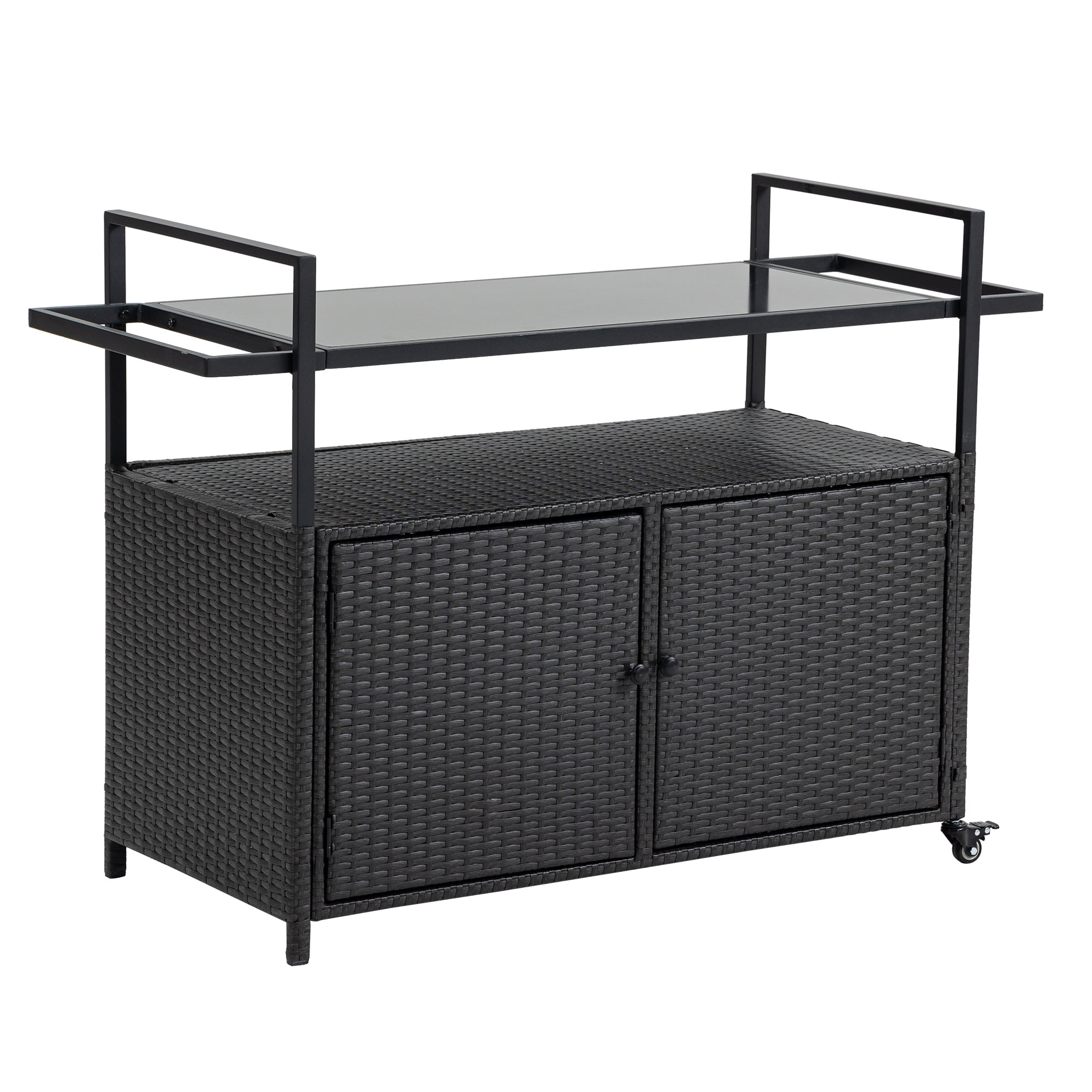 Outdoor Bar Cart,Patio Wicker Wine Serving Cart w/Wheels,Rolling Rattan Beverage Bar Counter Table w/Glass Top for Porch Backyard Garden Poolside Party,Black