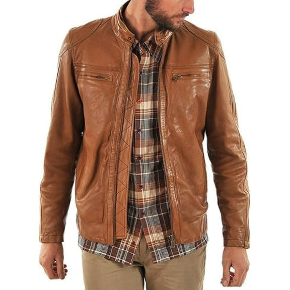 Men's Genuine Tan Lambskin Leather Jacket Slim fit Moto Biker jacket A394