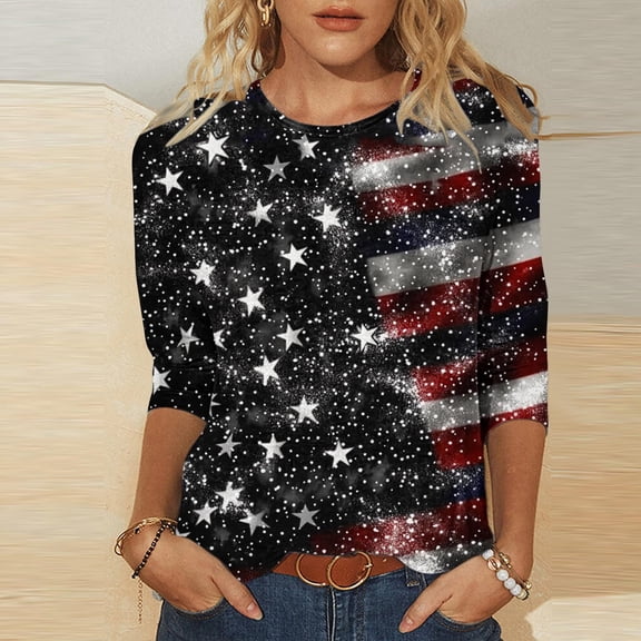 Vetsdori Women's Summer T Shirts Red White and Blue American Flag Pullover 3/4 Sleeve Plus Size 4th of July Casual Independence Day,Graphic Crew Neck Tops for Ladies