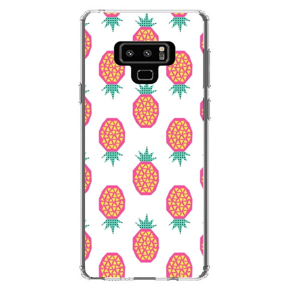 DistinctInk Clear Shockproof Hybrid Case for Samsung Galaxy Note 9 - TPU Bumper, Acrylic Back, Tempered Glass Screen Protector - Summer Graphics - Pineapple Pattern - Pink
