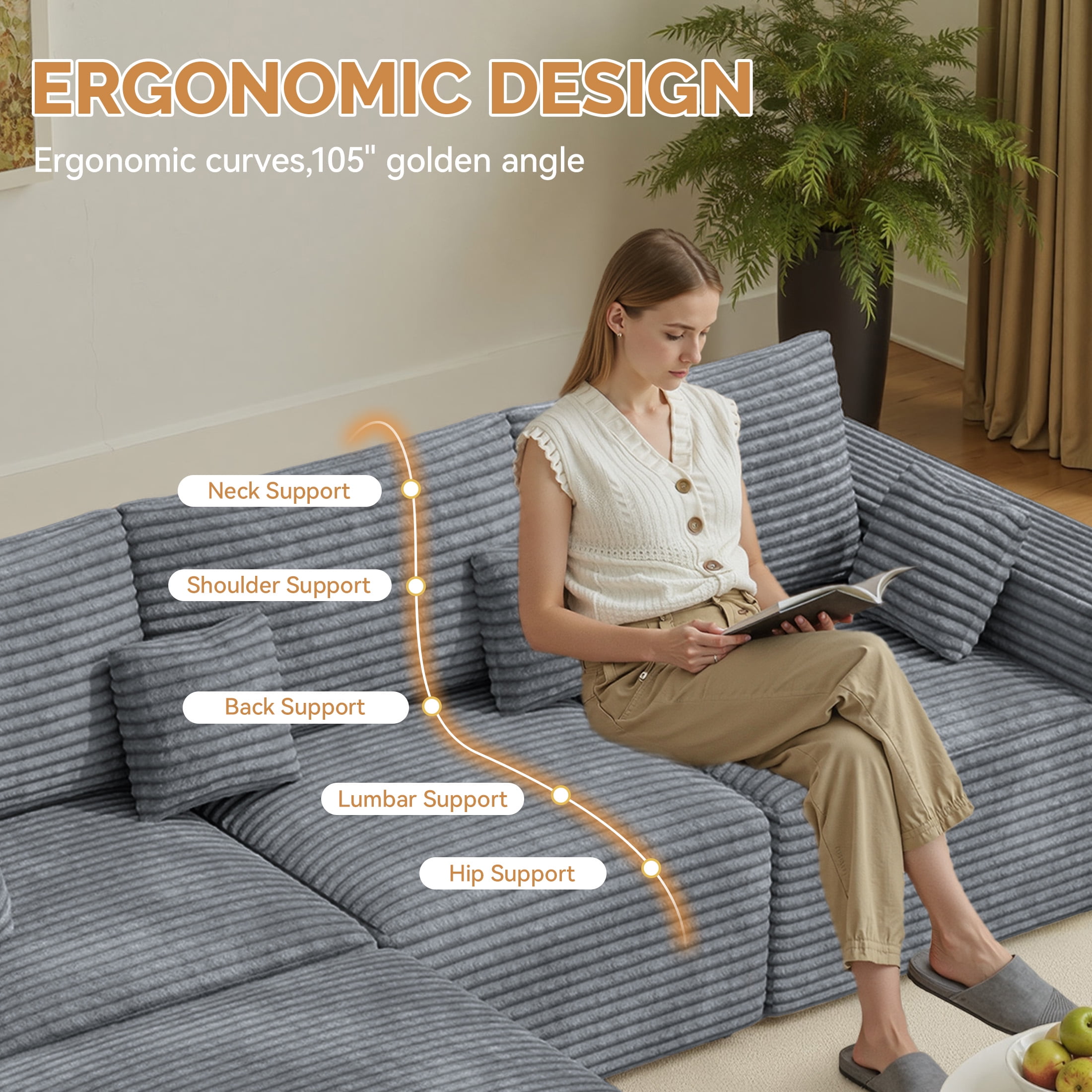 Daluvenix Modern Modular Sectional Sofa 113" L-Shaped Boneless Couch with Deep Seat Convertible Corduroy Cloud Couches for Living Room