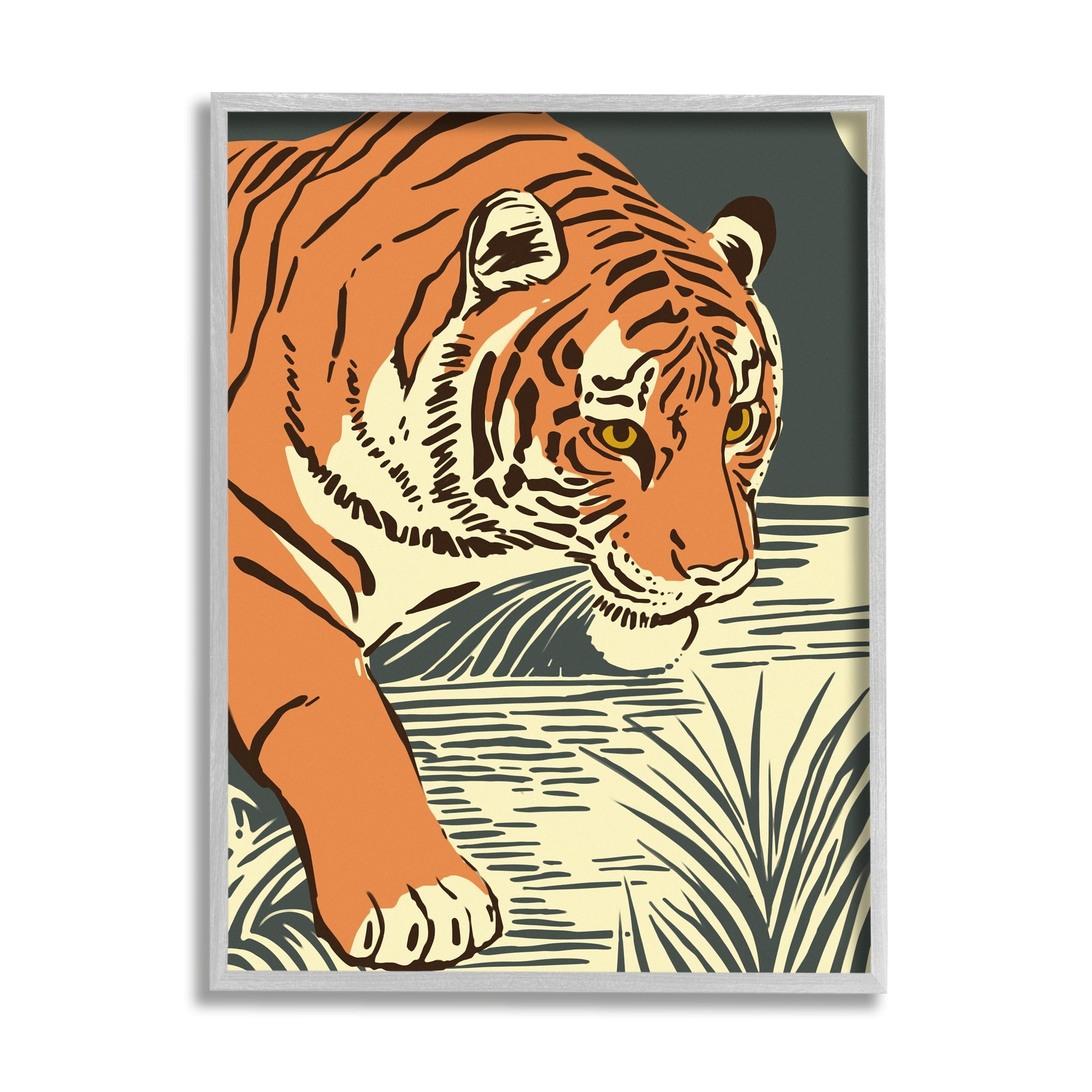 Stupell Industries Contemporary Tiger Jungle Nature Animals & Insects Painting Gray Framed Art Print Wall Art