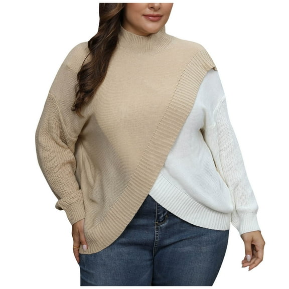 BXINGOHAI Women Plus Size Sweater Color Block Long Sleeve Pullover Tops Mock Turtle Necks 2024 Trendy Casual Sweaters Today Beige,L