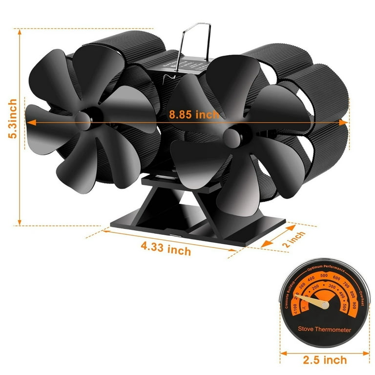 Wood Stove Fan, 12 Blades Dual Head Double Motors Fireplace Fan for  Gas/Pellet/Wood/Log Burner Stove with Magnetic Thermometer