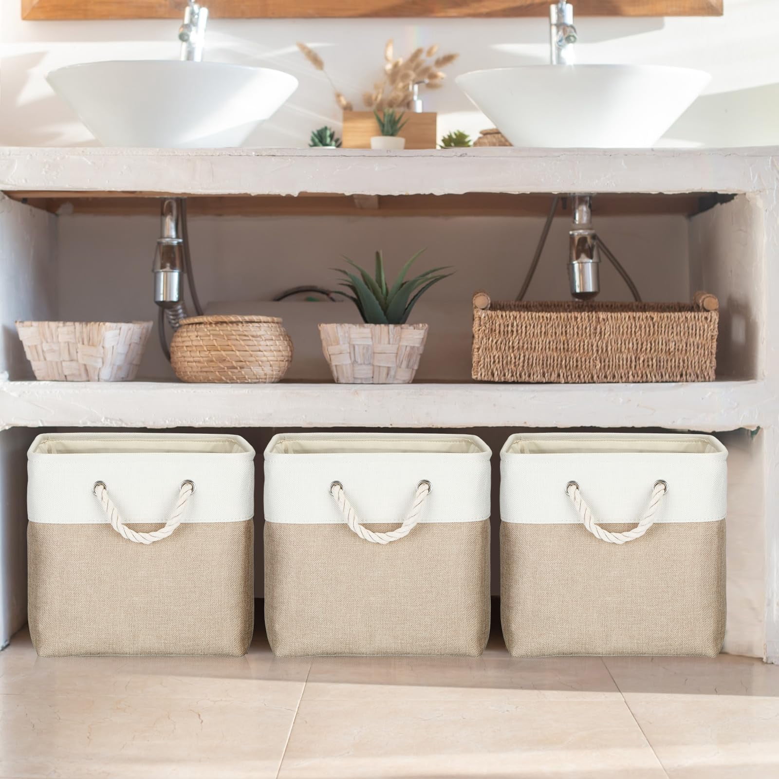 8 Pack Collapsible Storage Bins Fabric Storage Bins Polyester Fabric Baskets with Handles Linen Closet Organizer for Shelf Home Closet Towels Toys(12 x 12 x 12 in,Beige)