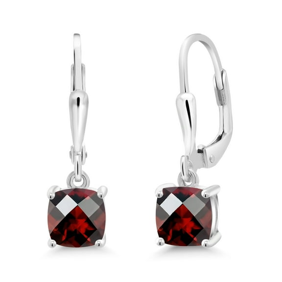 Gem Stone King 925 Sterling Silver Red Garnet Dangle Earrings for Women (1.90 Cttw, Gemstone January Birthstone, Cushion Checkerboard 6MM)