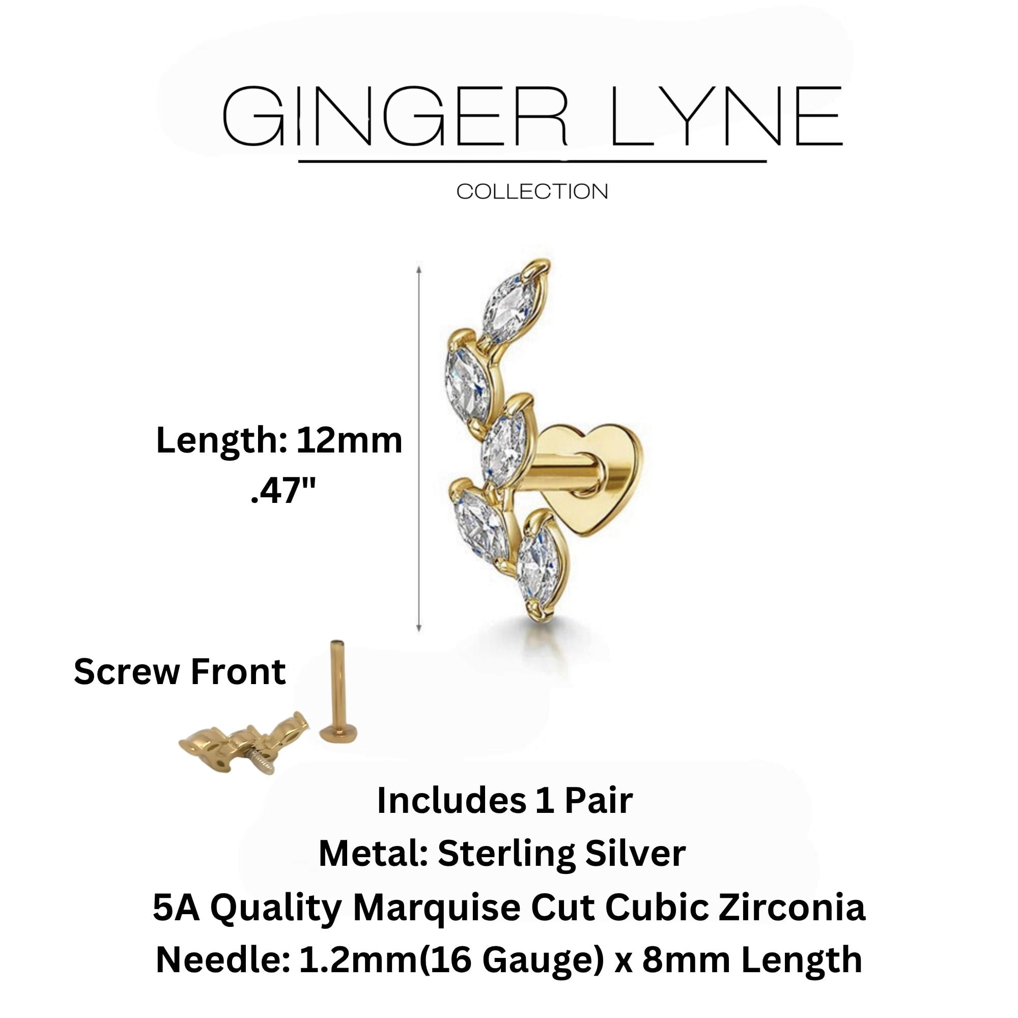 Marquise CZ Flat Back Earrings for Cartilage Helix Tragus Lobe Gold Plated Sterling Silver 1 pair by Ginger Lyne