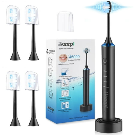 Sonic Electric Toothbrush Rechargeable with 5 Replacement Heads(with 5 Bristle Covers), 4 Optional Modes, Smart Timer, Wireless Charging Base, Waterproof,