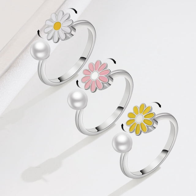 HONEYRAIN Daisy Flower Silver Anxiety Rings for Women Fidget Spinner Rings Sterling Silver Rotating Open Ring Real 925 Silver rings 1 Psc
