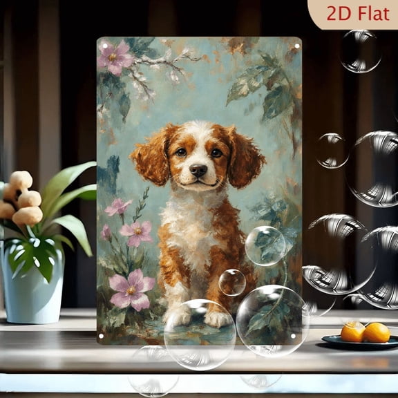 8x12 Inch Cavalier King Charles Spaniel Puppy Art Metal Wall Decor, Painterly Impressionist Style with Pink Flowers and Teal Background, Romantic Garden Themed Home Wall Picture
