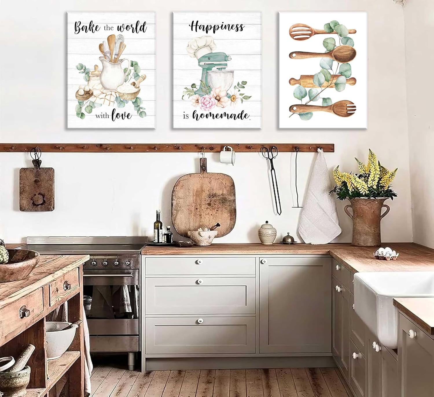Farmhouse Kitchen Wall Art Dining Room Wall Decor Rustic Flowers Painting  Eucalyptus Leaves Canvas Prints Retro Spatula Fork Spoon Tableware Mixer ..., image size:1500x1371