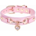 thumbnail image 1 of - Collar de perro de moda con diamantes brillantes y dije de corazón, collar de diamantes de imitación de piel sintética ajustable, hebilla dorada para perros pequeños y medianos (rosa, S), 1 of 2