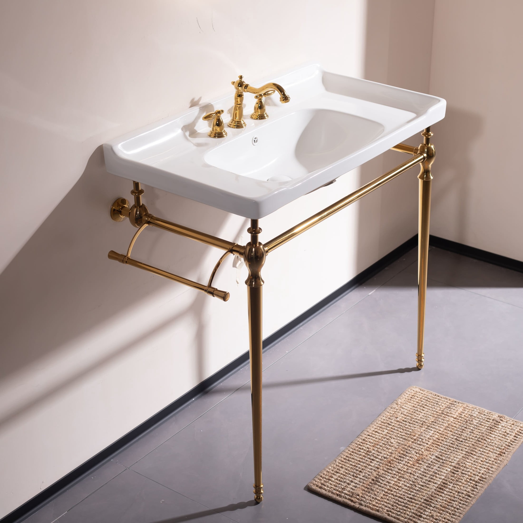 Noble House VICI 36" Bathroom Console Sink, Wall-Mounted Ceramic Basin Vanity with Stainless Steel Legs, White & Gold