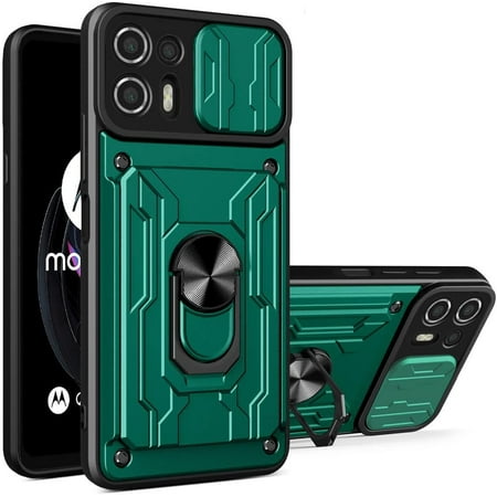 Heavy Duty Protection Case for Motorola Edge 20 Lite (Not 20), Magnetic Ring Kickstand Slide Camera with Card Holder Phone Cover for Motorola Edge 20 Lite LJK Green