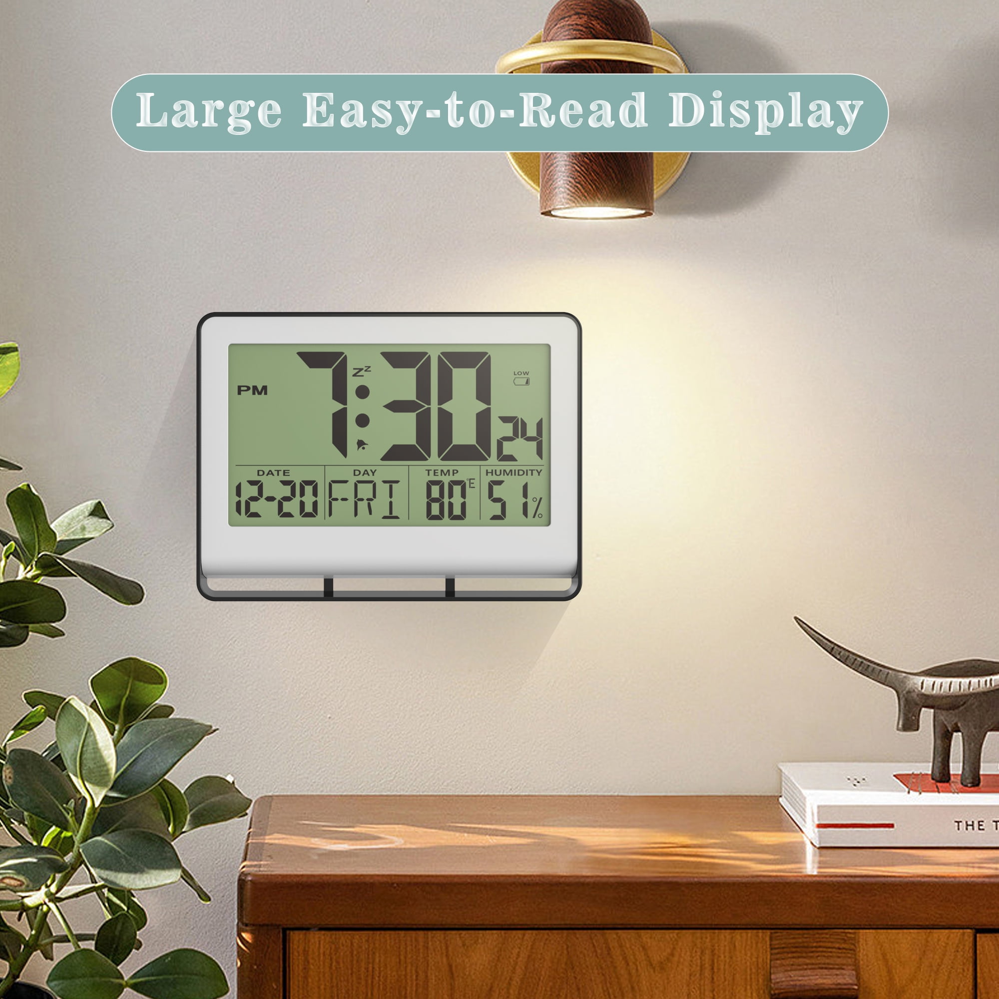 Digital Wall Clock with Indoor Temperature and Humidity, Desk Alarm Clock with Date and Blue Backlight