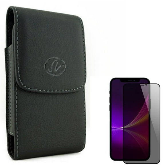 Case Belt Clip & Privacy Screen Protector for iPhone 13 Pro Max - Combo with Leather Holster Cover Pouch & Tempered Glass Curved Anti-Spy Anti-Peep