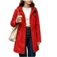 thumbnail image 2 of Girls Hooded Mid Length Trench Coat Long Sleeve Drawstring Waist Zip Snap Windbreaker Jacket for Kids Red 9-10 Years, 2 of 9