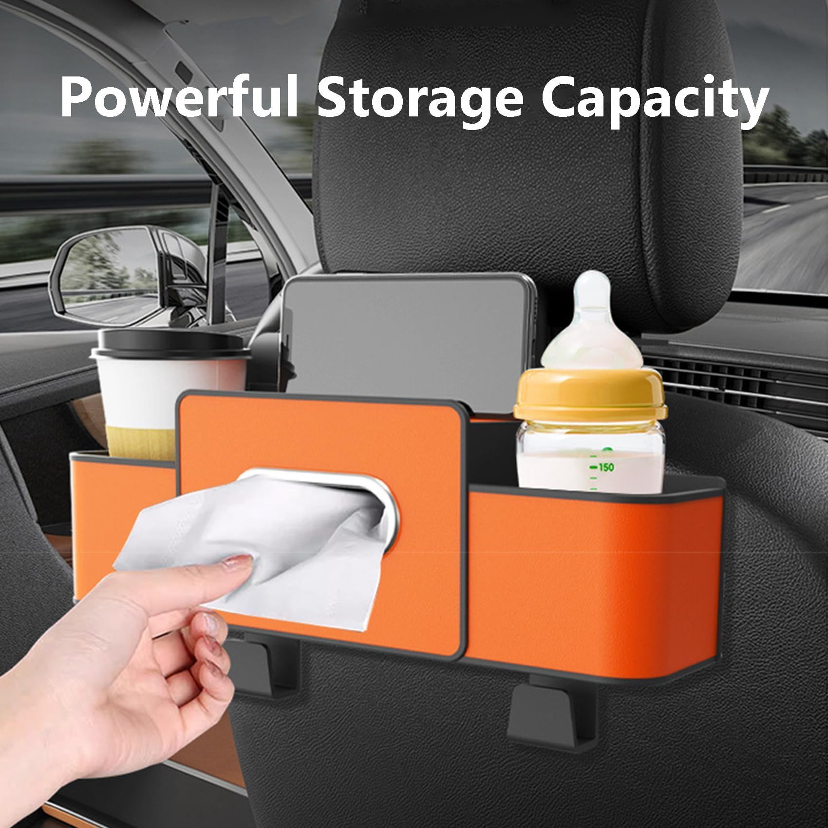 KANOHENO 3-in-1 Car Backseat Organizer,Multifunctional Waterproof Car Seat Back Storage Box with Dual Cup Holders,Tissue Box & Phone Holder for Daily Driving & Travel