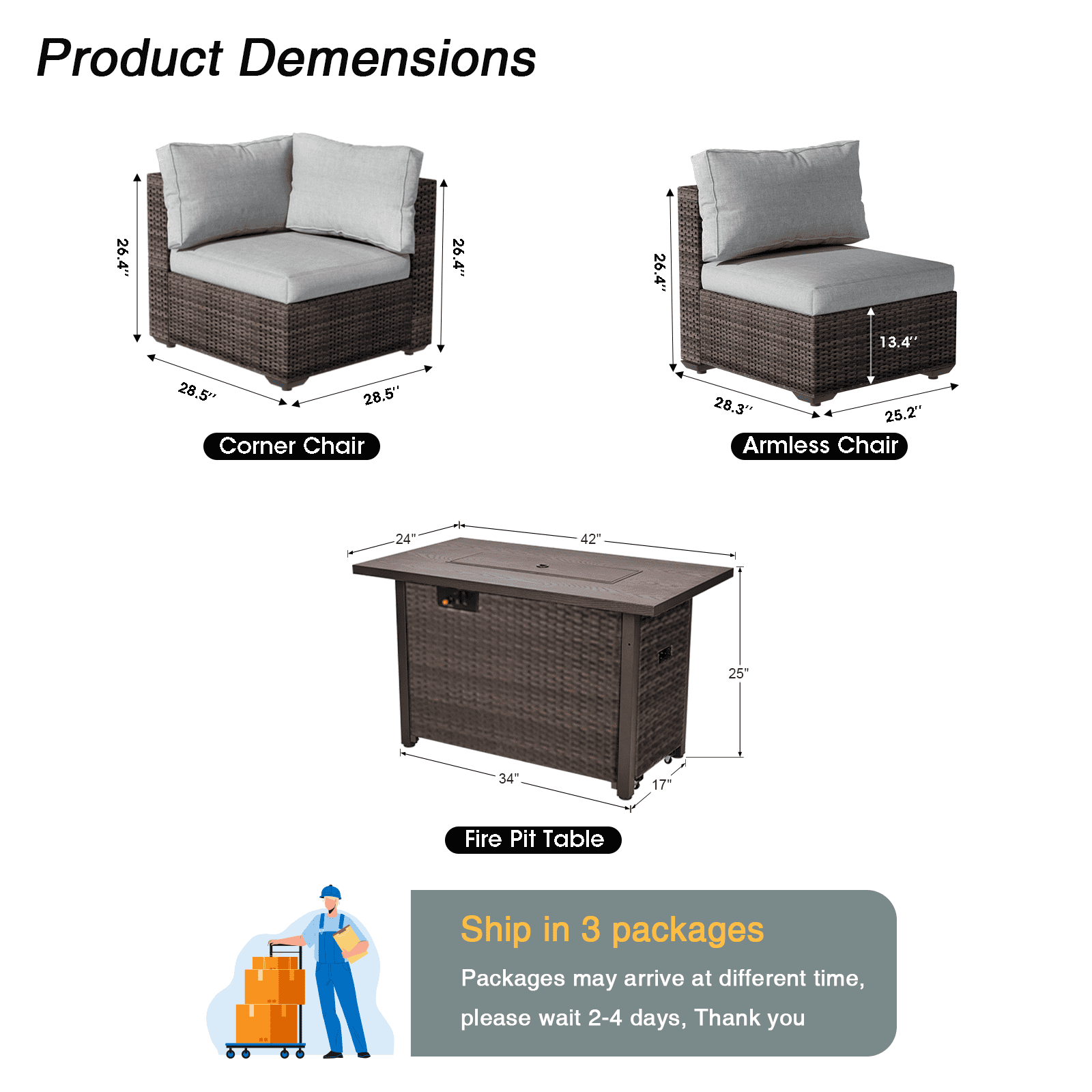 Gaildon 7 Piece Patio Furniture Set with Fire Pit Table, All Weather Outdoor Sectional PE Rattan, Patio Conversation Sets with Cushions and Glass Coffee Table for Garden Lawn Balcony Porch Deck, Grey