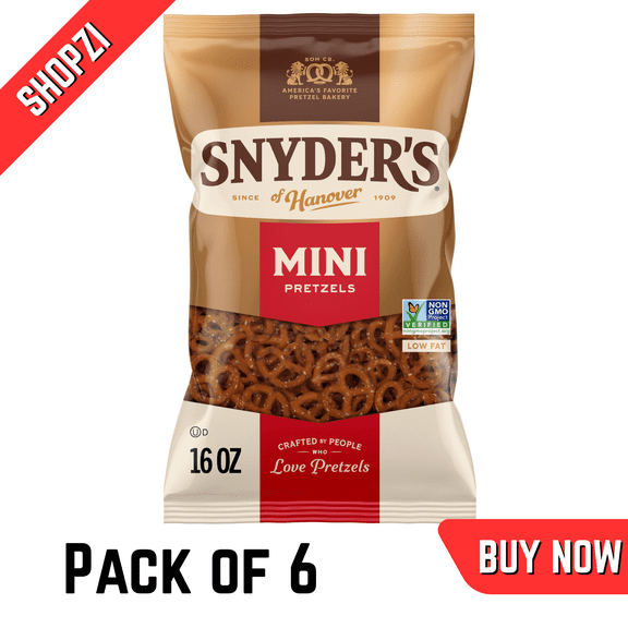 Snyder’s of Hanover Mini Pretzels, Classic Oven Baked, 16 oz Bag, 6 Pack