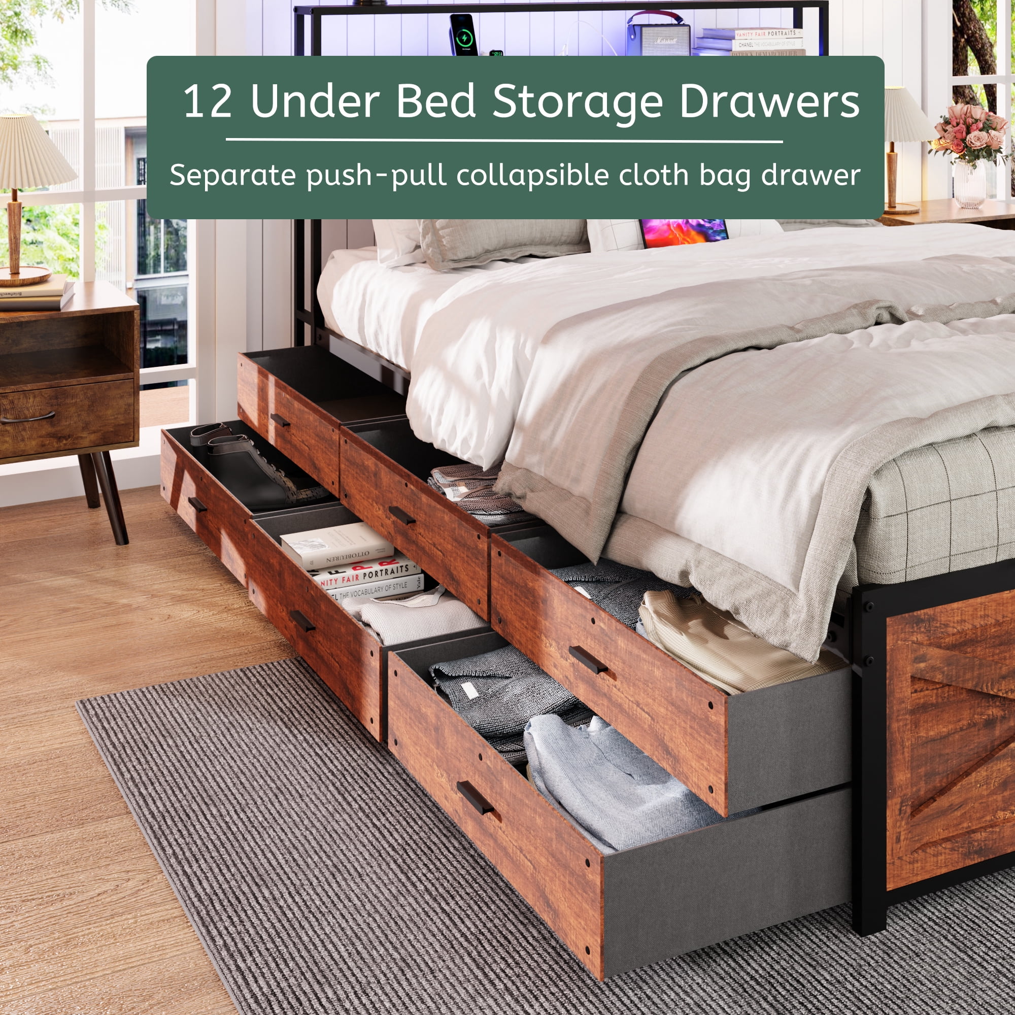 BSHTI Queen Bed Frame with 12 Storage Drawers, Wood & Metal LED Platform Bed Frame with Storage Headboard & Drawers, Charging Station, No Box Spring Needed, Farmhouse Style for Bedroom, Rustic Brown